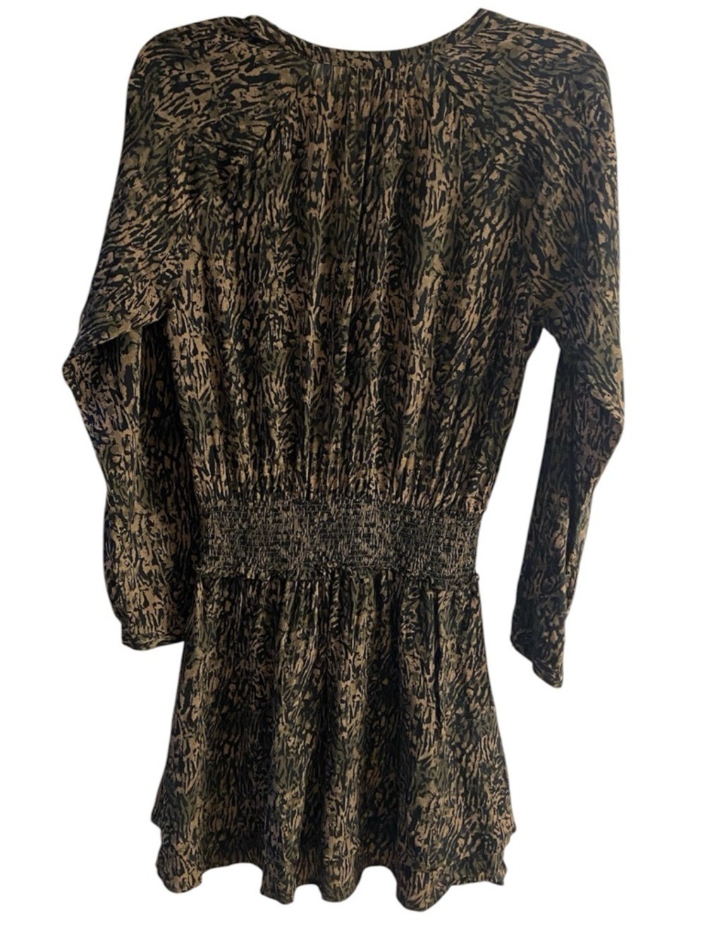 Rails Olive Print V-Neck Smocked Mini Dress Small - Picture 3 of 8